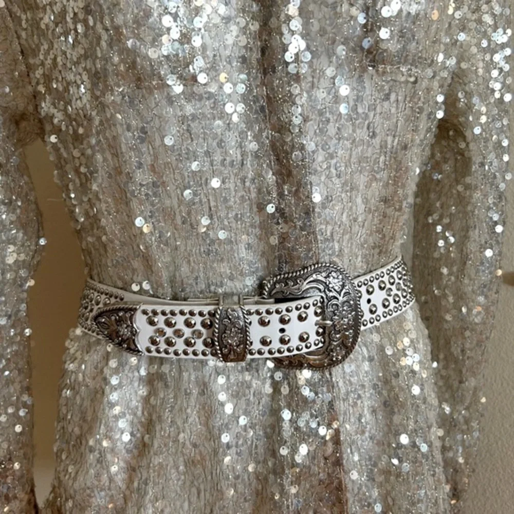 Vintage Rhinestone Western Cowgirl Belt White 1996 Silver Buckle Silver Studs